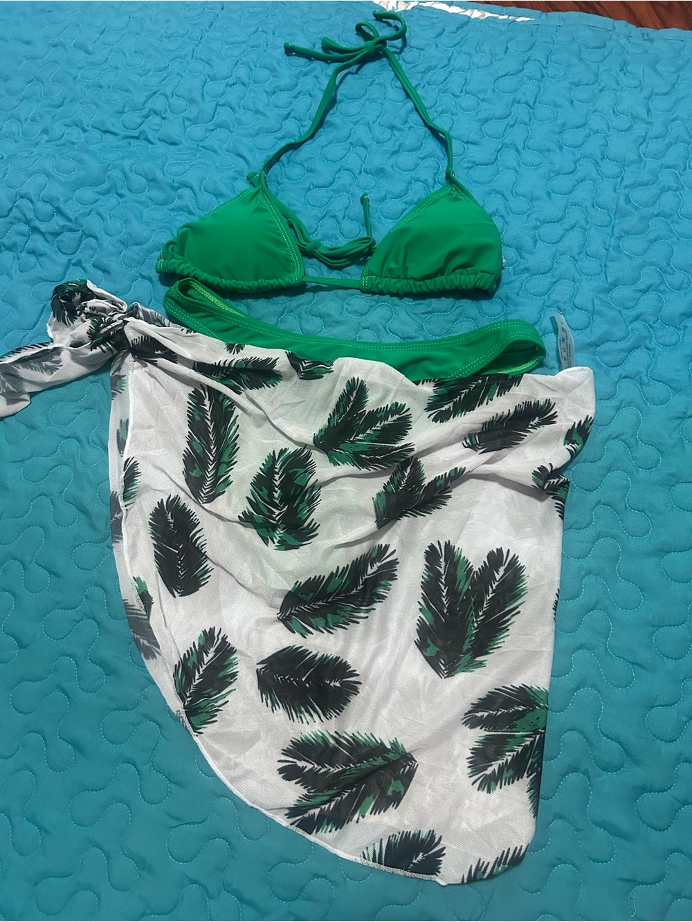 Green Triangle Bikini Set with Palm-Print Sarong